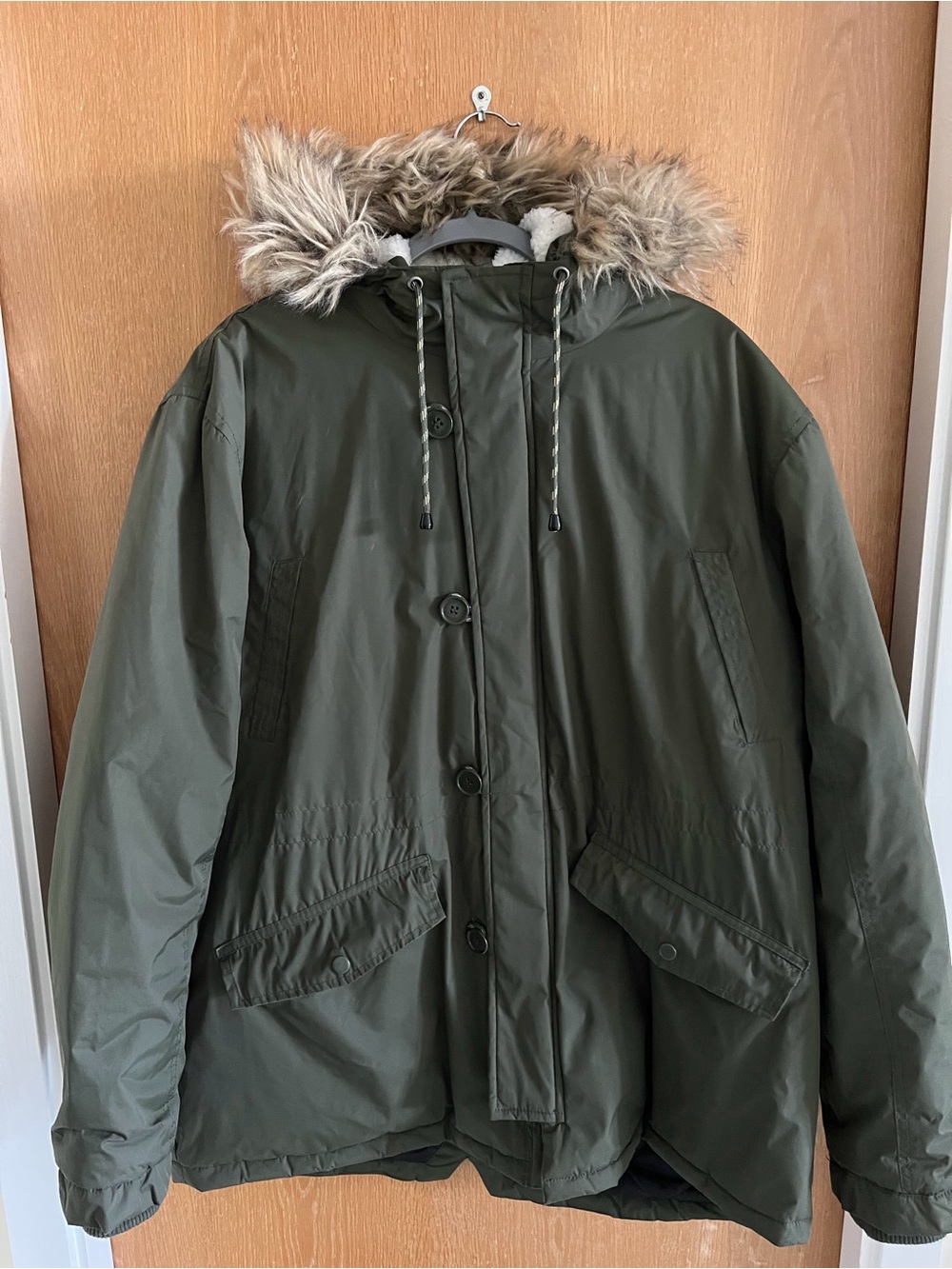 Men's Olive Green Parka Jacket with Faux Fur Hood